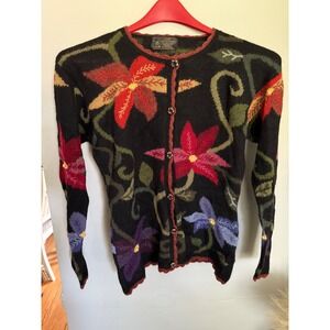 Jose Cotacachi Baby Alpaca Fiber Floral Embroidered Knit Cardigan Sweater Medium